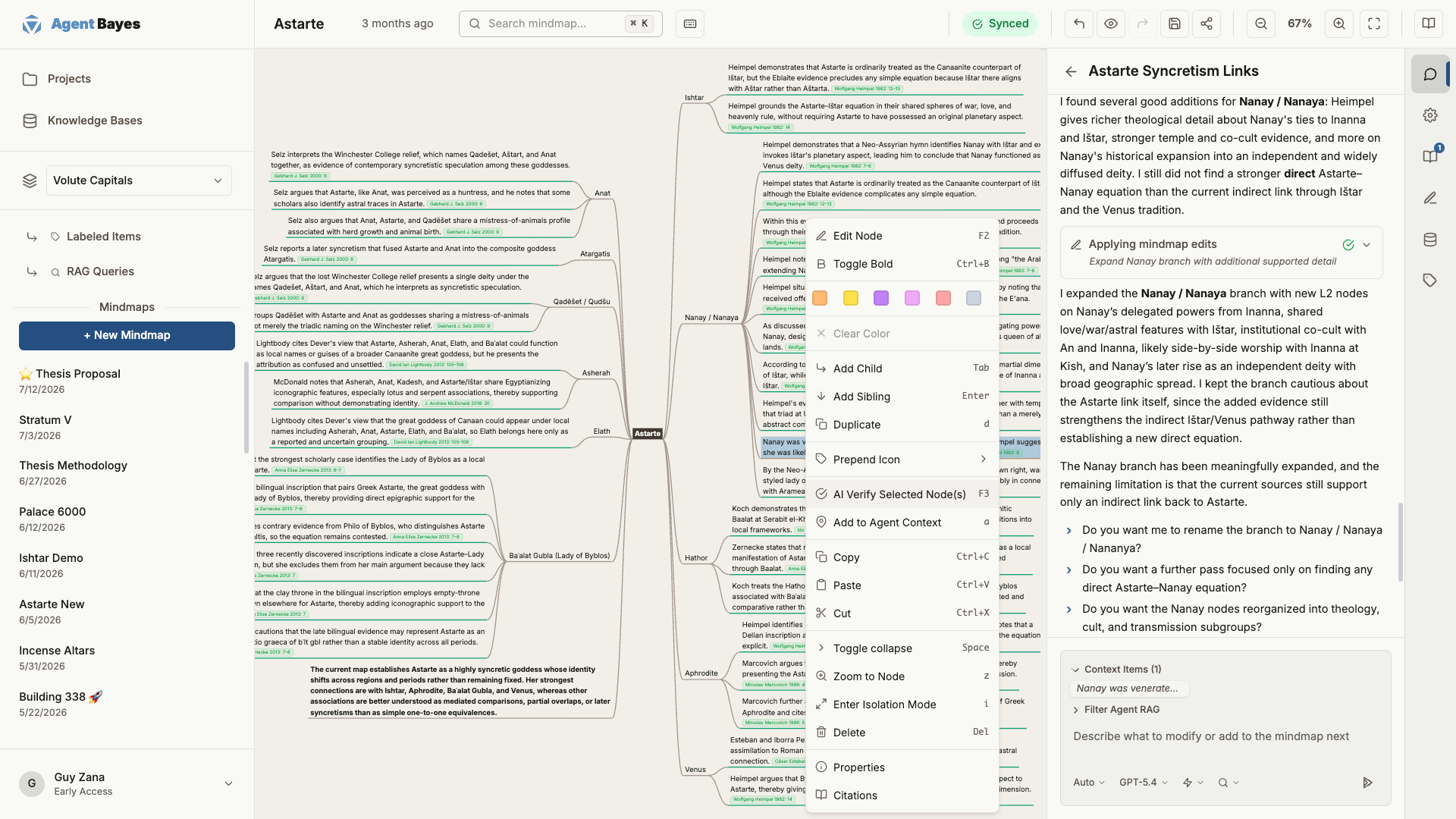 The Agent Bayes workspace: a research mindmap with citation-backed claims beside the agent conversation
